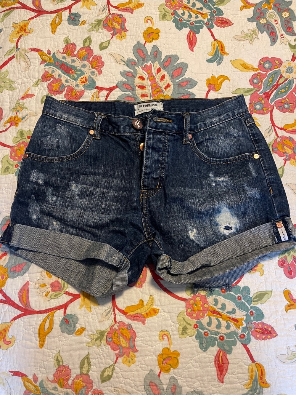 One Teaspoon Dark Blue Distressed Rolled Hem Denim Shorts